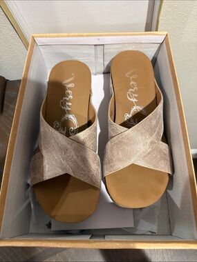 Very G Metallic Taupe Crisscross Slide Sandals